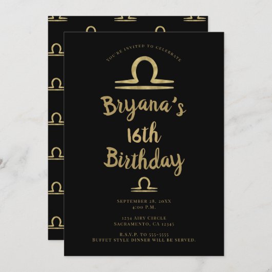 LIBRA Gold September Geburtstagsastrologie Einladung (Vorne/Hinten)