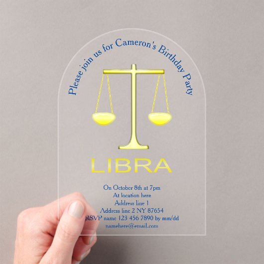 Libra Golden Scales Sign Geburtstagsparty Acryleinladungen (Insitu (Handheld))