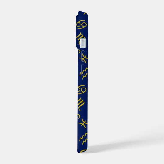 Libra Zodiac+Astrologie Symbole Muster Gold+Blues iPhone 15 Hülle (Linke Seite)