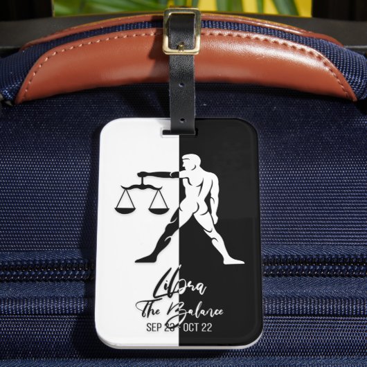 Libra Zodiac Sign Black & White Luggage Tag Gepäckanhänger (Vorderseite Insitu 2)