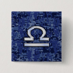 Libra Zodiac Symbol auf Blue Digital Camouflage Button