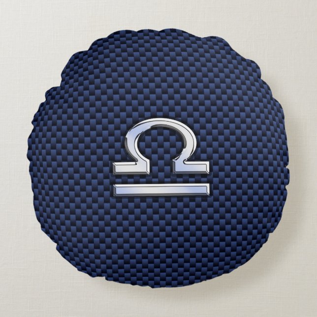 Libra Zodiac Symbol auf Navy Blue Carbon Fibre Rundes Kissen (Vorderseite)