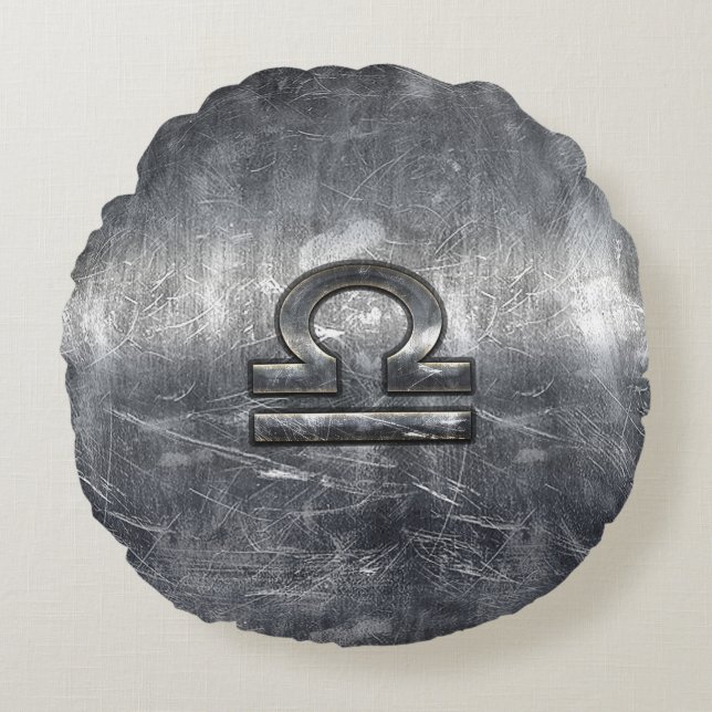 Libra Zodiac-Symbol im Stil eines silbernen Grunge Rundes Kissen (Vorderseite)