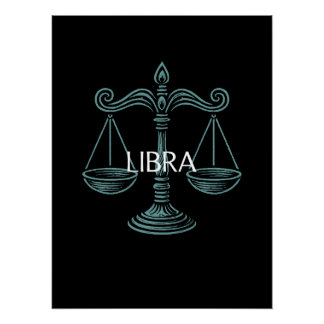 Libra Zodiac – Vintage Scales in Teal on Black Poster