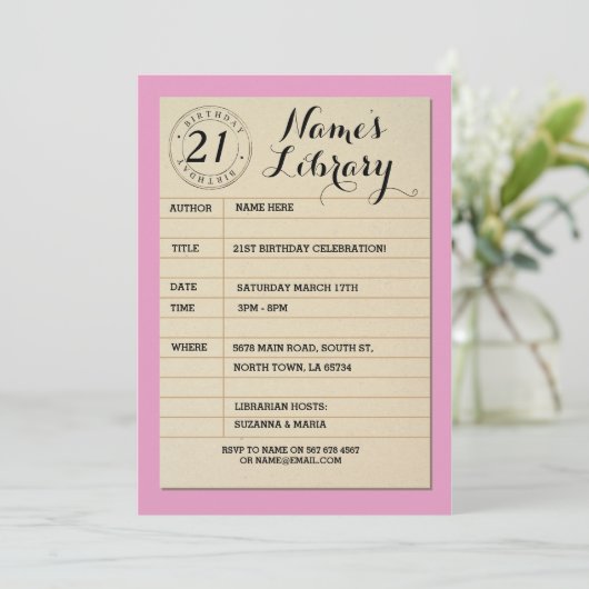 Library Card Book Birthday Party Pink Einladung (Stehend Vorderseite)