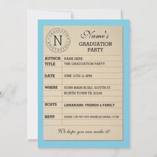 Library Card Graduation Party Blue Book Invite Einladung (Vorderseite)