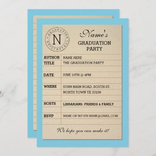 Library Card Graduation Party Blue Book Invite Einladung (Vorne/Hinten)