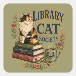 Library Cat Society Buchliebhaber-Dreifarbenkatze Quadratischer Aufkleber