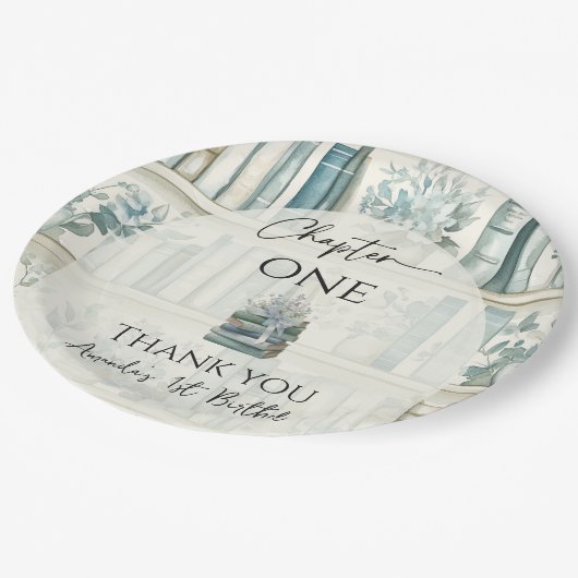 Library Chapter ONE Blue Boy Book 1st Birthday Pappteller (Schrägansicht)