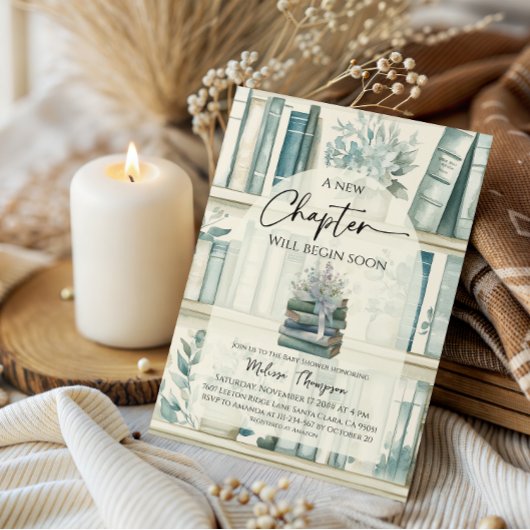 Library New Chapter Blue Boy Book Baby Shower Einladung