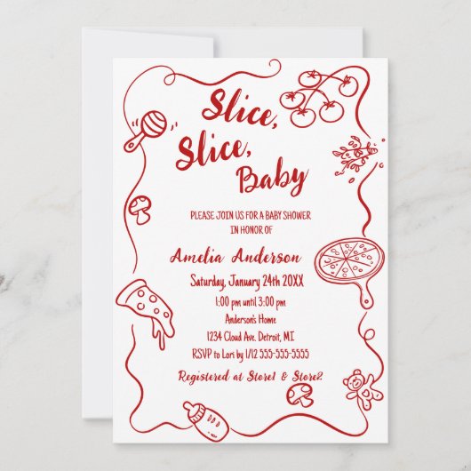 lice Slice Baby | Red Doodle Pizza Baby Shower Einladung (Vorderseite)