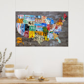 License Plate Map of the USA on Gray Wood 2016 Poster (Küche)