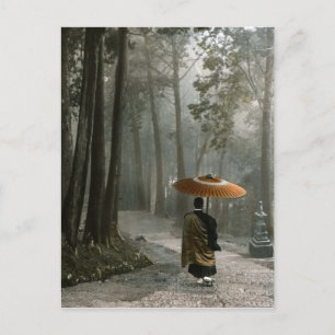 Licht bricht durch, während Mönch die Tempeltreppe Postkarte