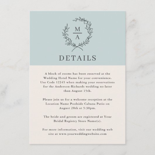 Lichtblau Einfache, elegante Monogramm Details Begleitkarte (Vorderseite)