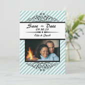Lichtblau gestreift Save the Date flache Fotokarte (Stehend Vorderseite)