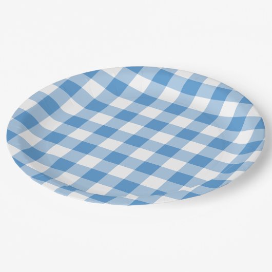 Lichtblau und weiß Gingham Muster Pappteller (Schrägansicht)