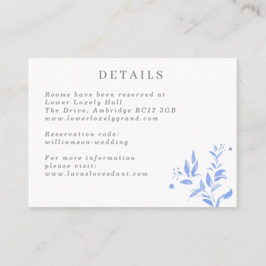 Lichtblaue Blätter Hochzeitdetails Begleitkarte (Vorderseite)