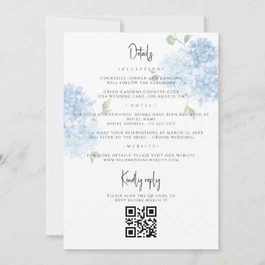 Lichtblauer Hydrangea QR-Code in einer Hochzeit Einladung (Rückseite)