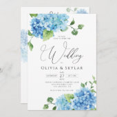 Lichtblauer Hydrangea QR-Code in einer Hochzeit Einladung (Vorne/Hinten)