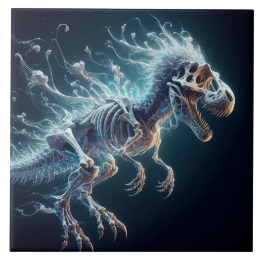 Lichtdurchlässiges Dinosaurier-Skelett in Dunkelhe Fliese (Vorderseite)