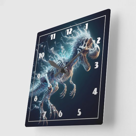 Lichtdurchlässiges Dinosaurier-Skelett in Dunkelhe Quadratische Wanduhr (Winkel)