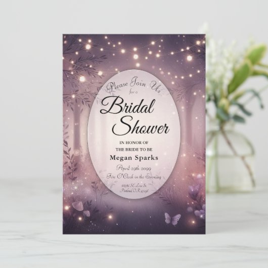 Lichter in Holz glänzend Brautparty Einladung (Stehend Vorderseite)