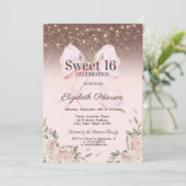 Lichter, rosa Schleifenblumen Glitter Sweet 16 Einladung (Stehend Vorderseite)
