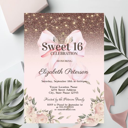 Lichter, rosa Schleifenblumen Glitter Sweet 16 Einladung