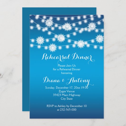 Lichter, Schneeflocken Hochzeitsessen Probe Einladung (Vorne/Hinten)