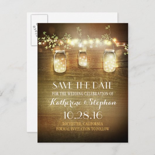 Lichter und Maurerkirschen rustikal SAVE THE DATE  Ankündigungspostkarte (Vorne/Hinten)