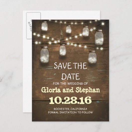 Lichter und Maurerkirschen rustikal SAVE THE DATE Ankündigungspostkarte (Vorne/Hinten)