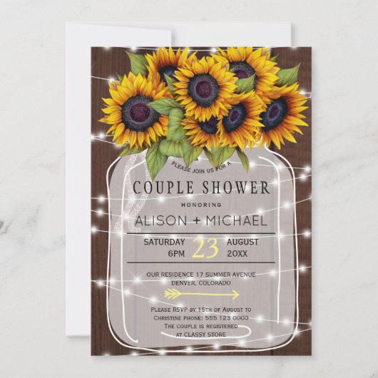 Lichter und Sonnenblumen rustikales Landhaus Dusch Einladung (Vorderseite)