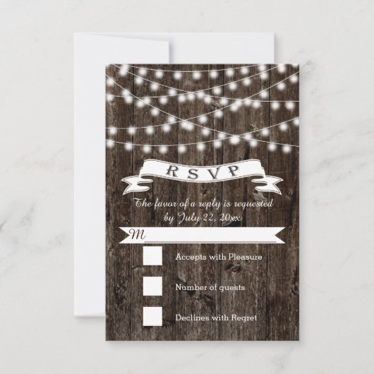 Lichterfolge auf Holz und Banner Hochzeit RSVP (Vorderseite)