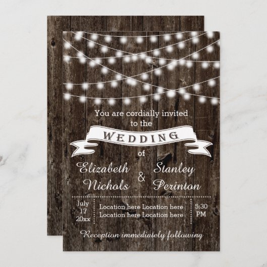 Lichterfolge, Holz und Banner rustikale Hochzeit Einladung (Vorne/Hinten)