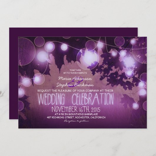 Lichterfolge rustikale lila Hochzeitseinladung Einladung (Vorne/Hinten)