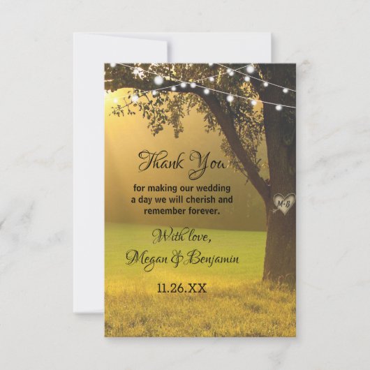 Lichterfolge Rustikale Tree Vintage Hochzeit Dankeskarte (Vorderseite)