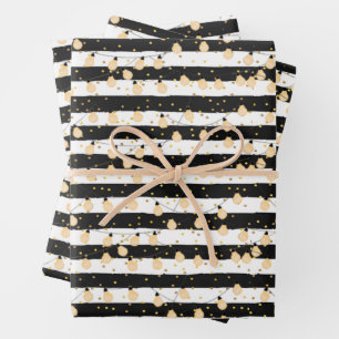 Lichterkette auf schwarz-weißen Streifen Geschenkpapier Set