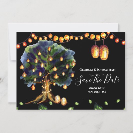 Lichterkette Baum rustikal Land orientalische Late Save The Date (Vorderseite)