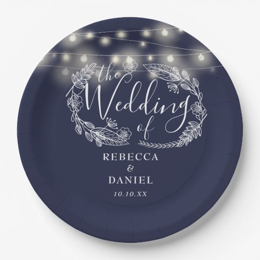 Lichterkette Blumen Marineblau Hochzeit Pappteller (Vorderseite)