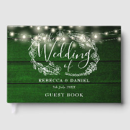 Lichterkette Blumen Rustikal Grün Holz Hochzeit Gästebuch