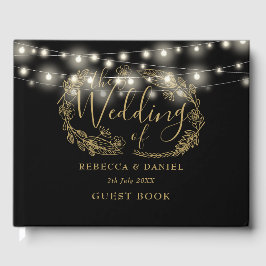 Lichterkette Blumen Schwarz und Gold Hochzeit Gästebuch