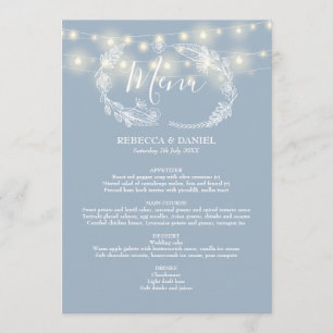 Lichterkette Dusty Blue Blumen Hochzeit Menükarte