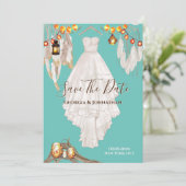 Lichterkette Feder Boho Makramee Kleid Blaugrün Save The Date (Stehend Vorderseite)
