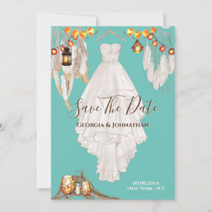 Lichterkette Feder Boho Makramee Kleid Türkis Blau Save The Date