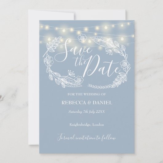 Lichterkette Floral Dusty Blue Hochzeit Save The Date (Vorderseite)