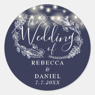 Lichterkette Floral Navy Blau Hochzeit Runder Aufkleber