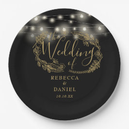 Lichterkette Floral Schwarz und Gold Hochzeit Pappteller