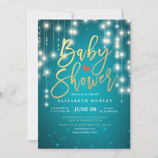 Lichterkette Gold Schrift Blau Glitzer Baby Shower Einladung (Vorderseite)