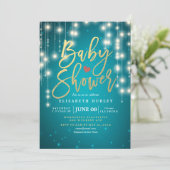 Lichterkette Gold Schrift Blau Glitzer Baby Shower Einladung (Stehend Vorderseite)