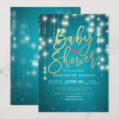 Lichterkette Gold Schrift Blau Glitzer Baby Shower Einladung (Vorne/Hinten)